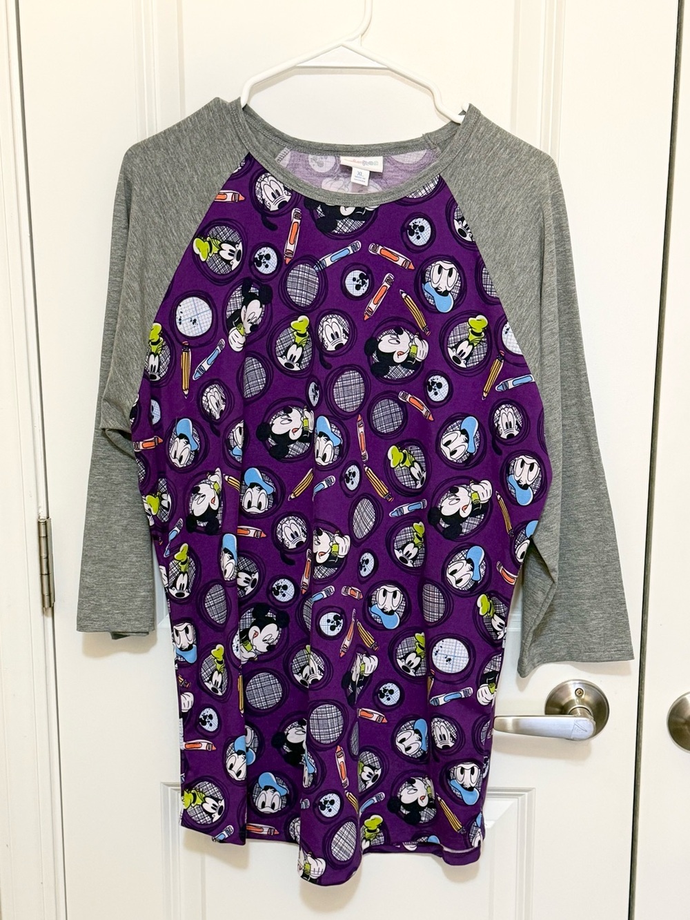 LuLaRoe Disney Mickey Mouse purple baseball tee featuring 3/4 sleeves XL